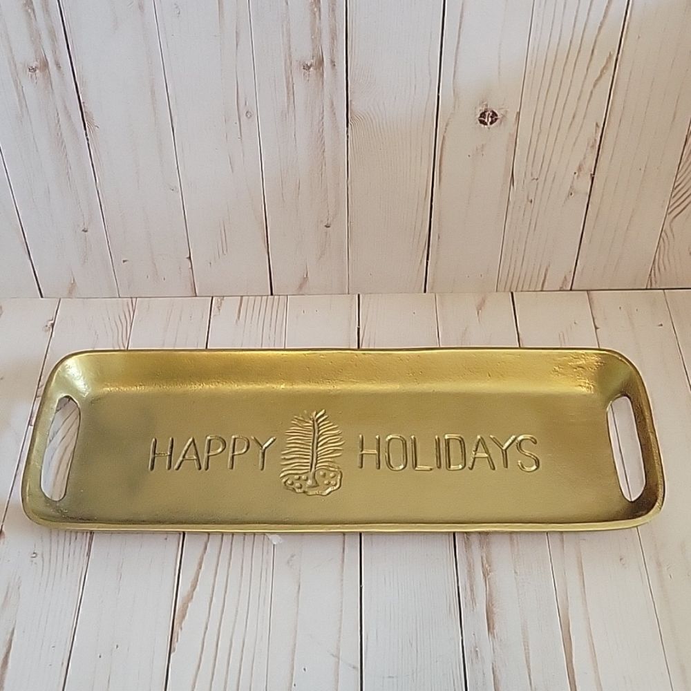 HAPPY Holidays Goldtone Metal  Decor tray Heavy